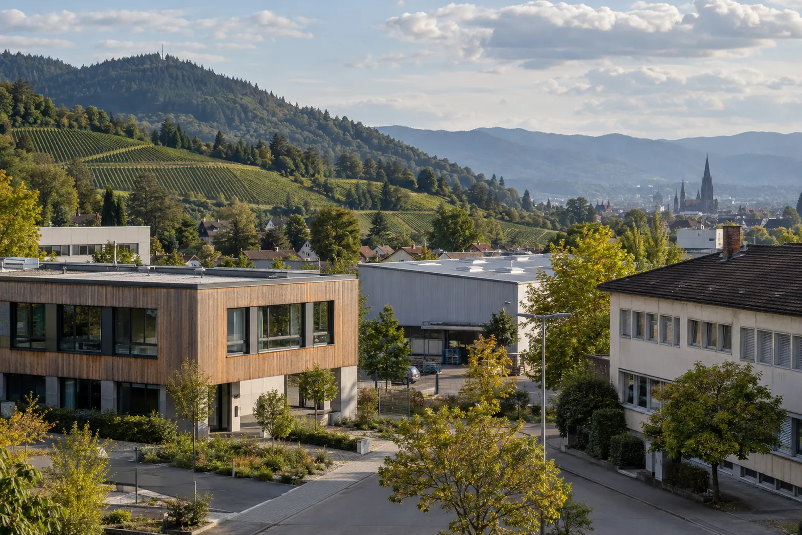 Büro- und Gewerbegebäude am Rand von Freiburg mit Rebhängen und Schwarzwaldhöhen im Hintergrund