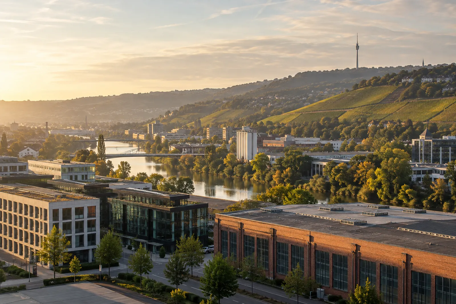 Gewerbegebäude und Industriehalle im Neckartal bei Stuttgart, dahinter Weinberge und Fernsehturm
