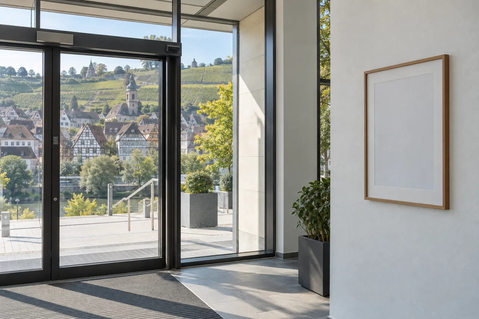 Eingangsbereich eines Bürgerservice-Gebäudes mit gerahmtem Aushang neben der Glastür, draußen Fachwerkhäuser und Weinberg im Neckartal