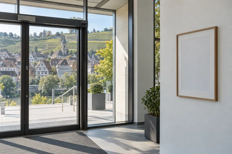 Eingangsbereich eines Bürgerservice-Gebäudes mit gerahmtem Aushang neben der Glastür, draußen Fachwerkhäuser und Weinberg im Neckartal