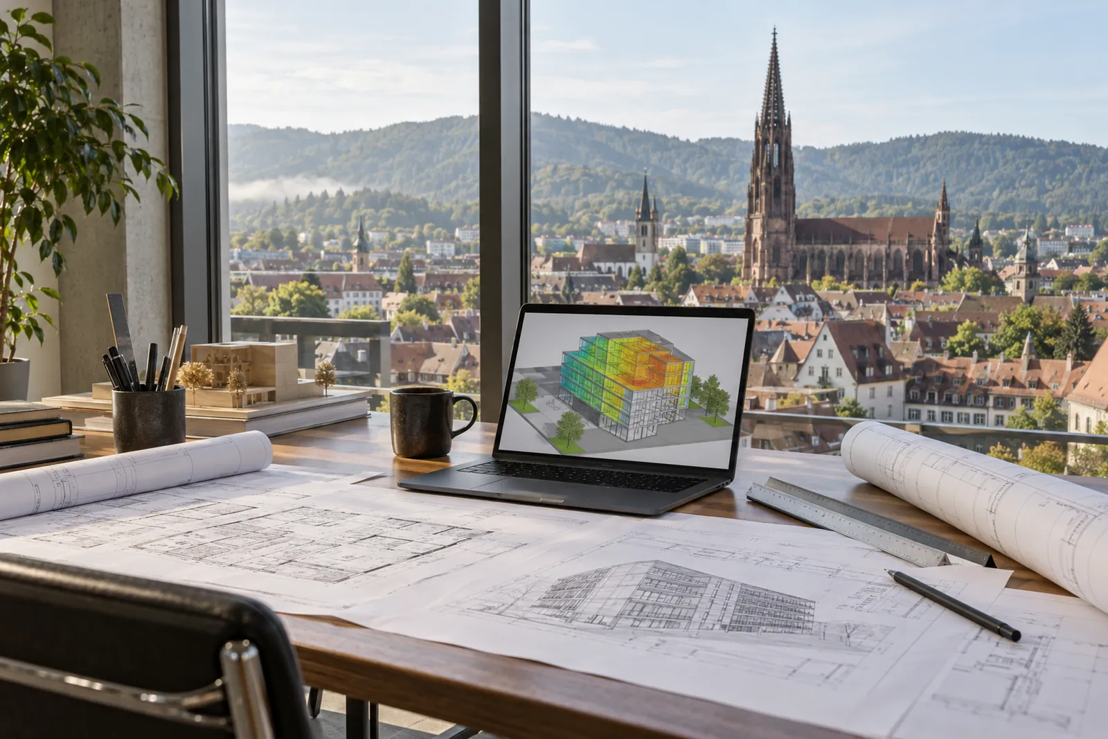 Schreibtisch mit Grundrissen und Laptop, Blick auf Freiburger Münster und Schwarzwaldhügel
