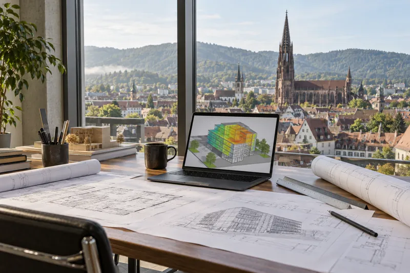 Schreibtisch mit Grundrissen und Laptop, Blick auf Freiburger Münster und Schwarzwaldhügel