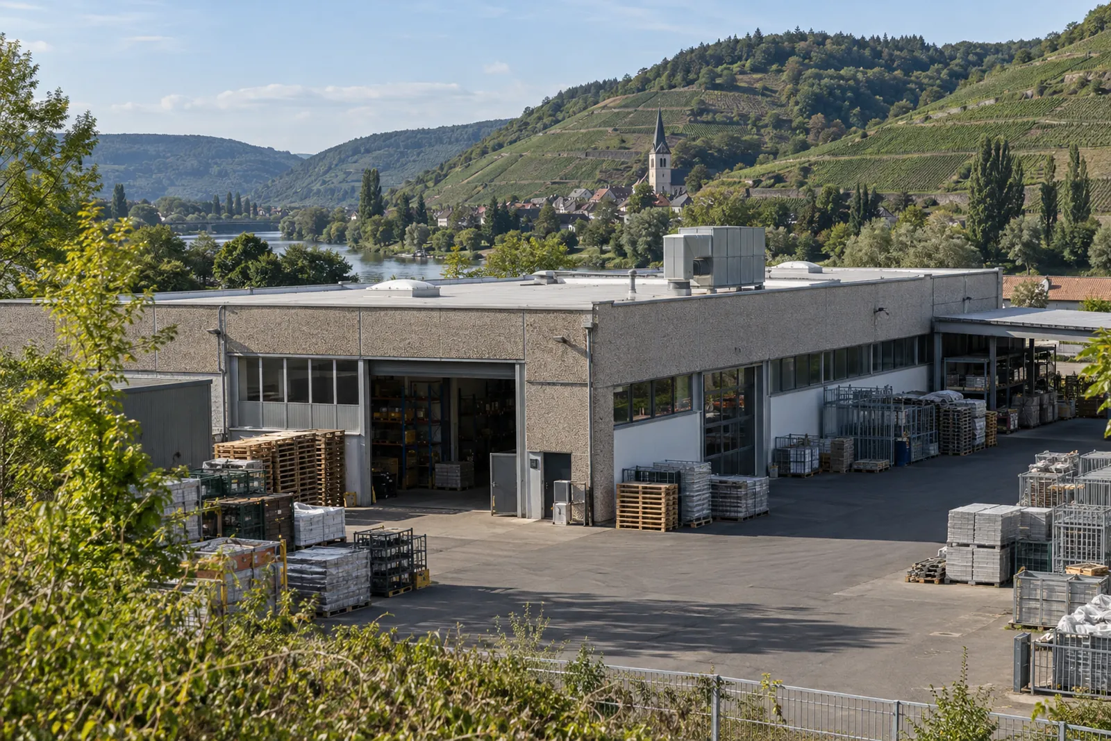 Zuliefererhalle mit gedämmtem Flachdach und Lüftungsgerät im Neckartal, im Hintergrund Weinberghänge