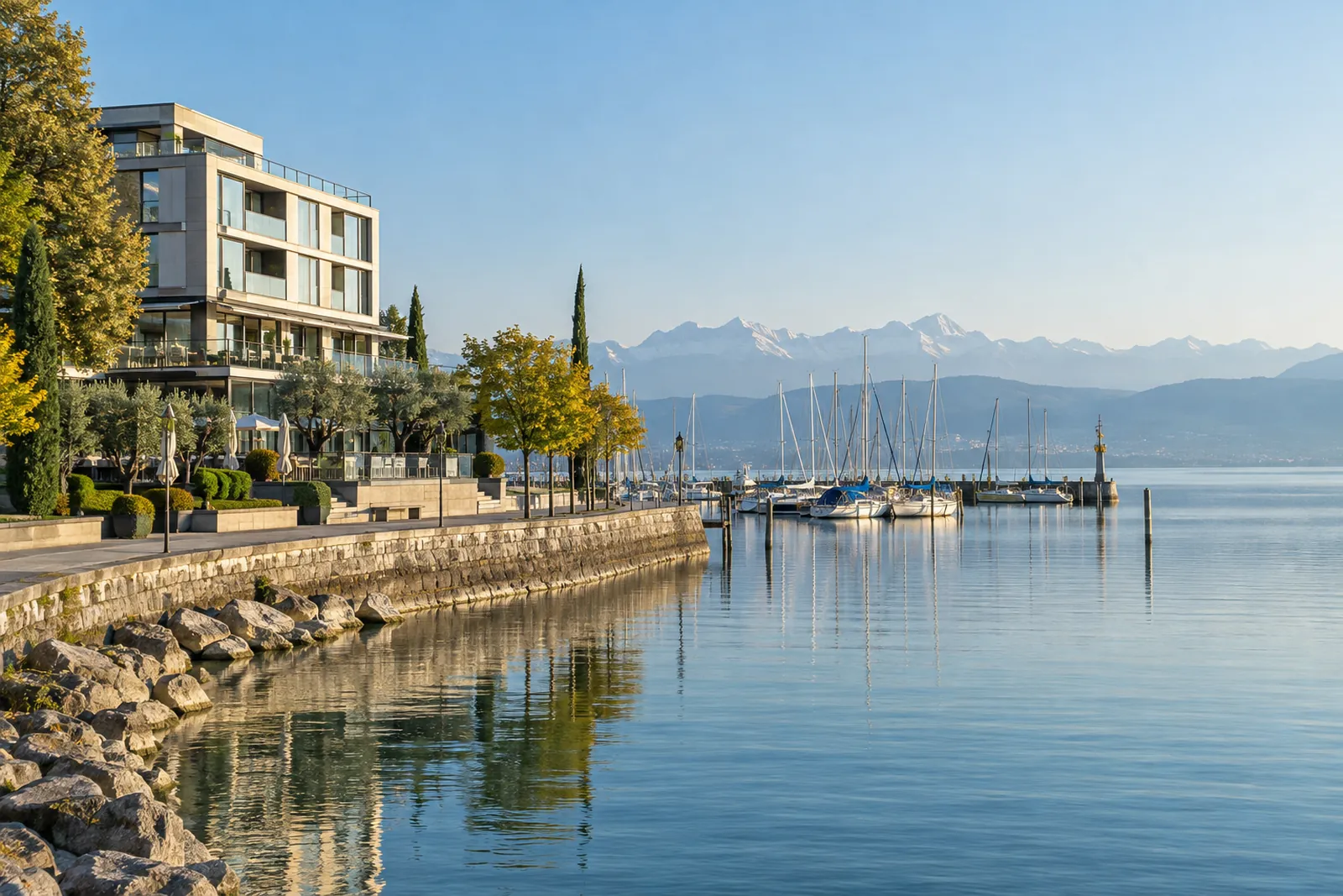 Hotelgebäude am Bodenseeufer mit Hafen, Segelbooten und Alpenkette im Dunst
