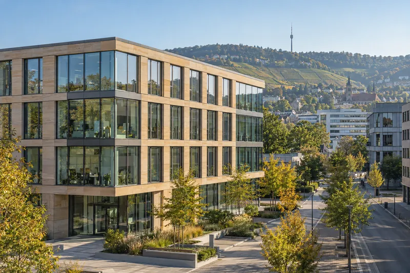 Moderner Bürobau mit Glas- und Sandsteinfassade in Stuttgart, dahinter Weinberghänge am Neckar