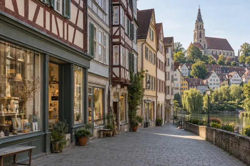 Fußgängerstraße in der Tübinger Altstadt mit Ladenlokalen in Fachwerk- und Steinhäusern, im Hintergrund der Turm der Stiftskirche