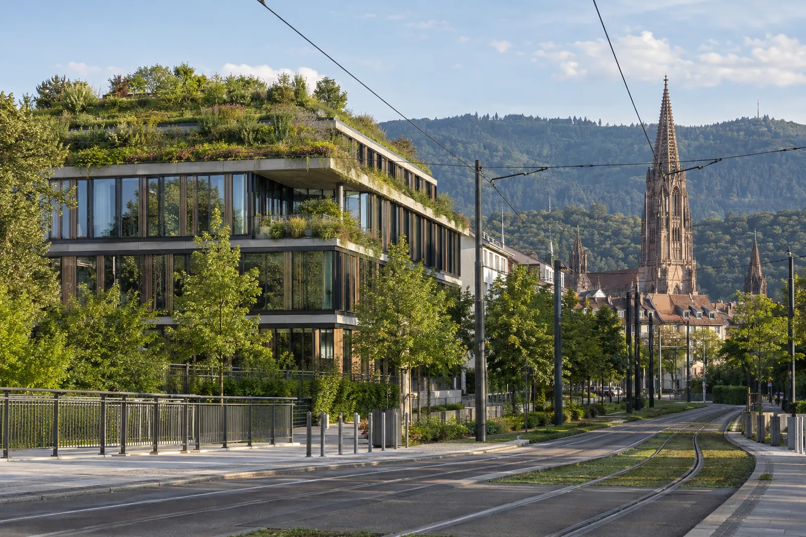 Gewerbegebäude mit Gründach in Freiburg, dahinter Münsterturm und Schwarzwaldhänge
