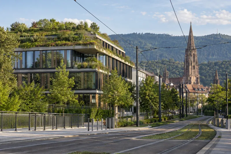 Gewerbegebäude mit Gründach in Freiburg, dahinter Münsterturm und Schwarzwaldhänge