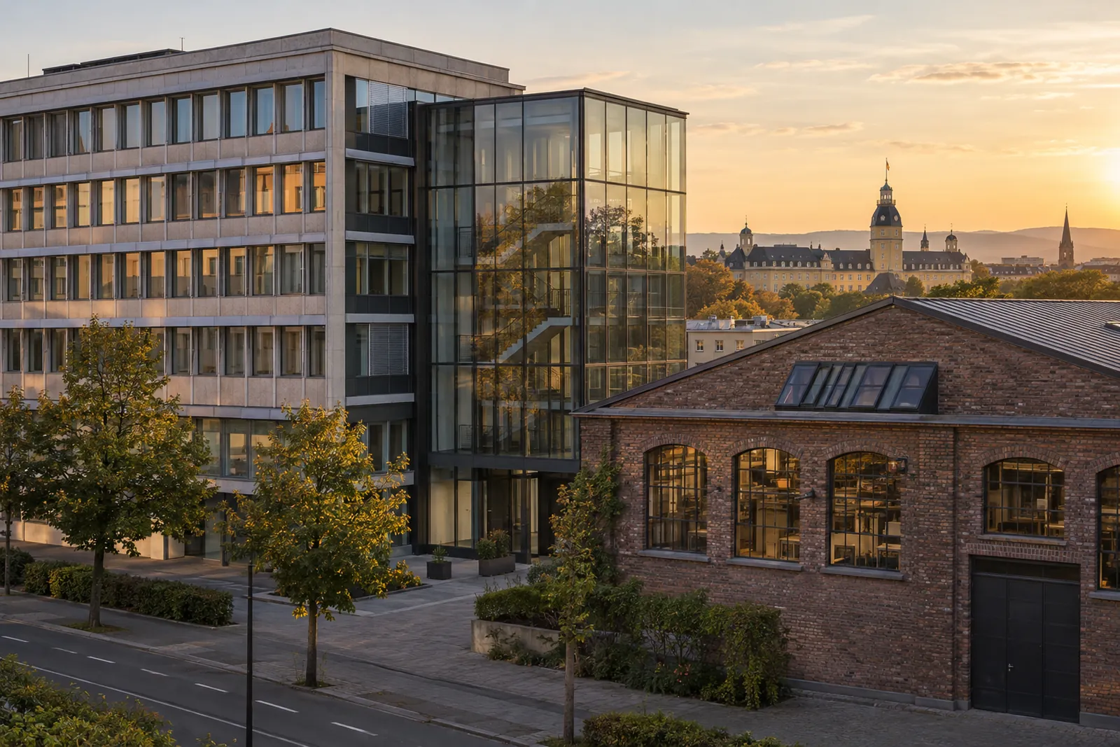 Bürohaus aus den 1960er-Jahren mit modernem Glasanbau und Werkstattgebäude in Karlsruhe