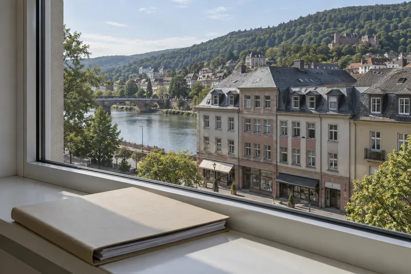 Gewerbebau mit Ladenzeile im Erdgeschoss und Büros darüber in einer Neckarstadt, im Vordergrund eine Vertragsmappe auf dem Fensterbrett
