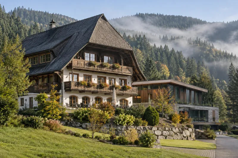 Schwarzwaldhotel mit Holzbalkonen und modernem Anbau vor bewaldeten Hügeln