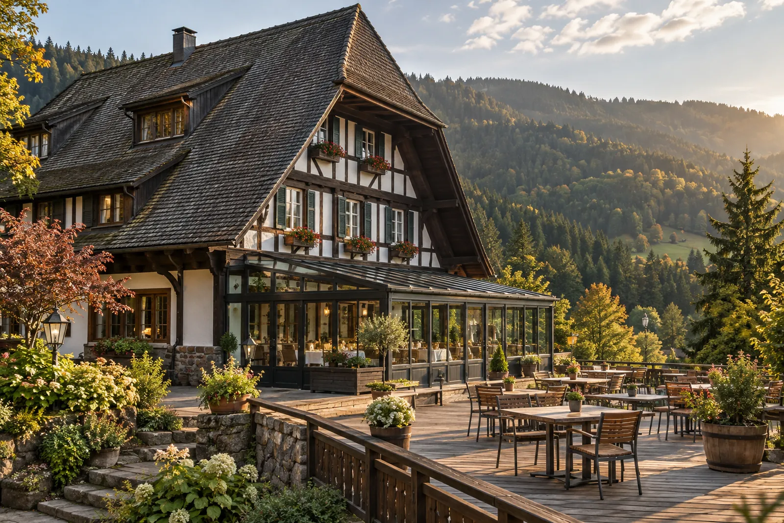 Schwarzwälder Gasthof mit Holzterrasse und verglastem Wintergarten vor bewaldeten Hügeln bei Freiburg