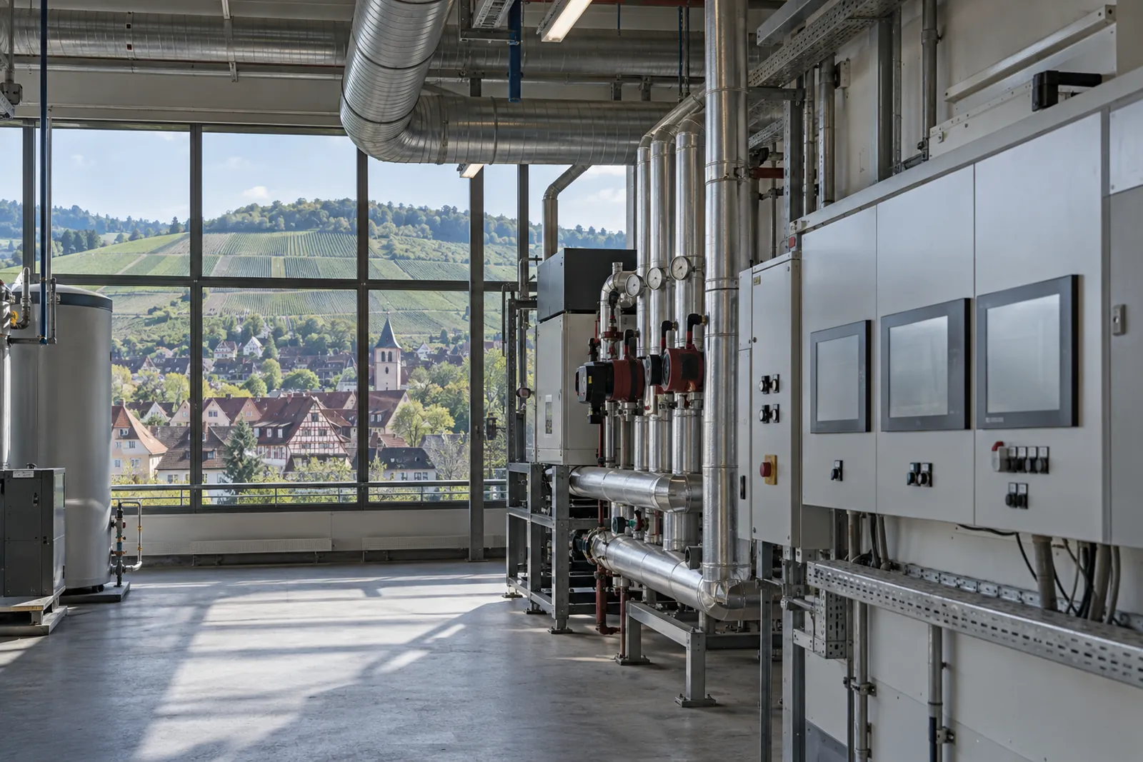 Technikraum einer Fertigungshalle mit Schaltschränken und Rohrleitungen, durch das Fenster Weinberge im Neckartal