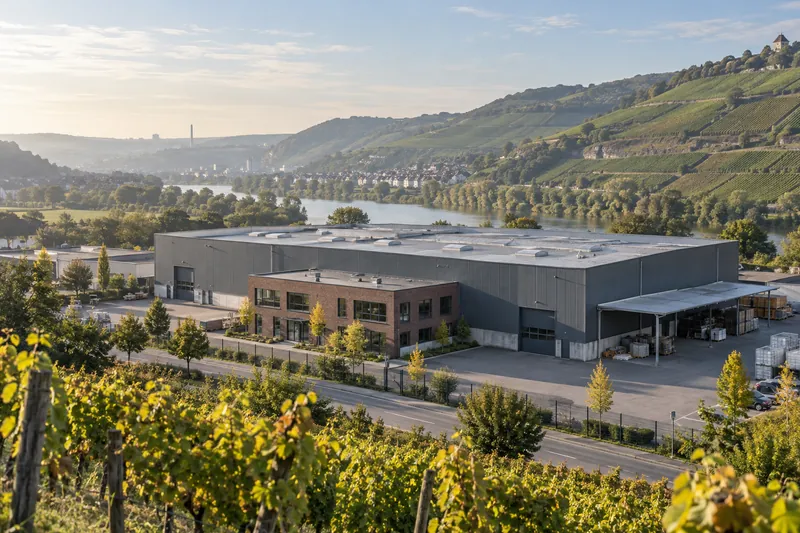 Zuliefererhalle mit Büroanbau im Neckartal, dahinter Weinberghänge und eine Flussschleife