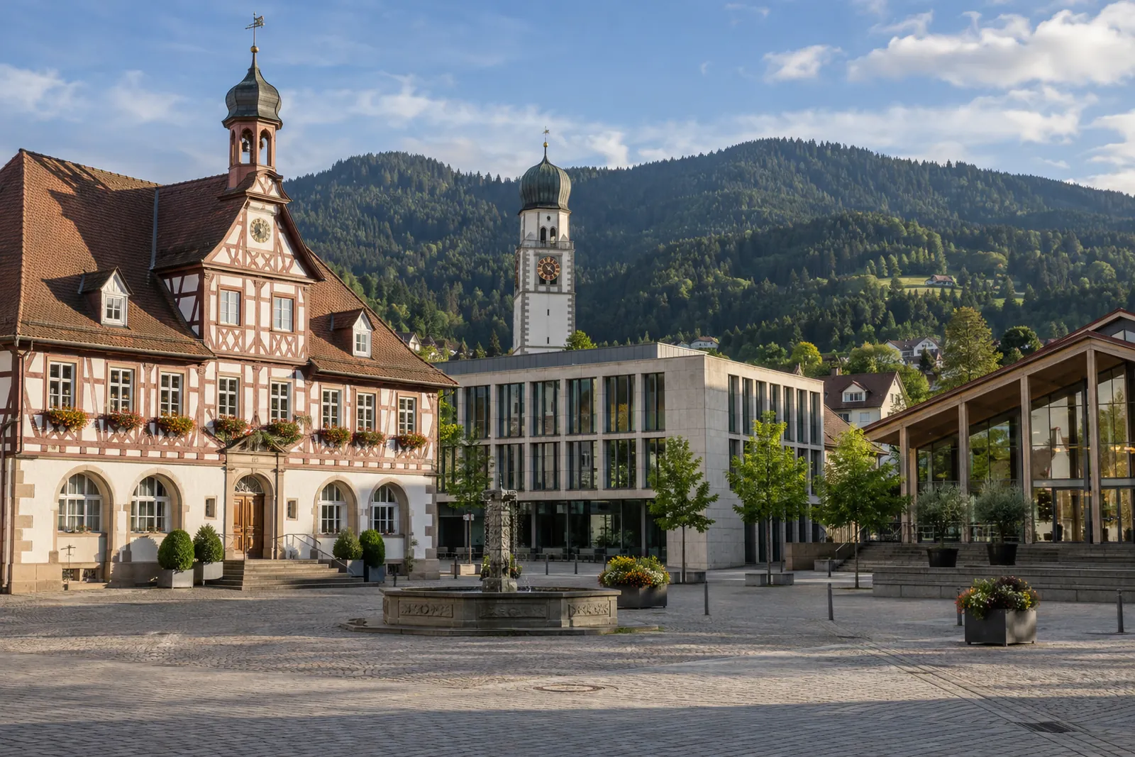 Marktplatz einer baden-württembergischen Stadt mit Fachwerk, modernem Bürogebäude und Gewerbehalle, im Hintergrund Schwarzwaldhügel