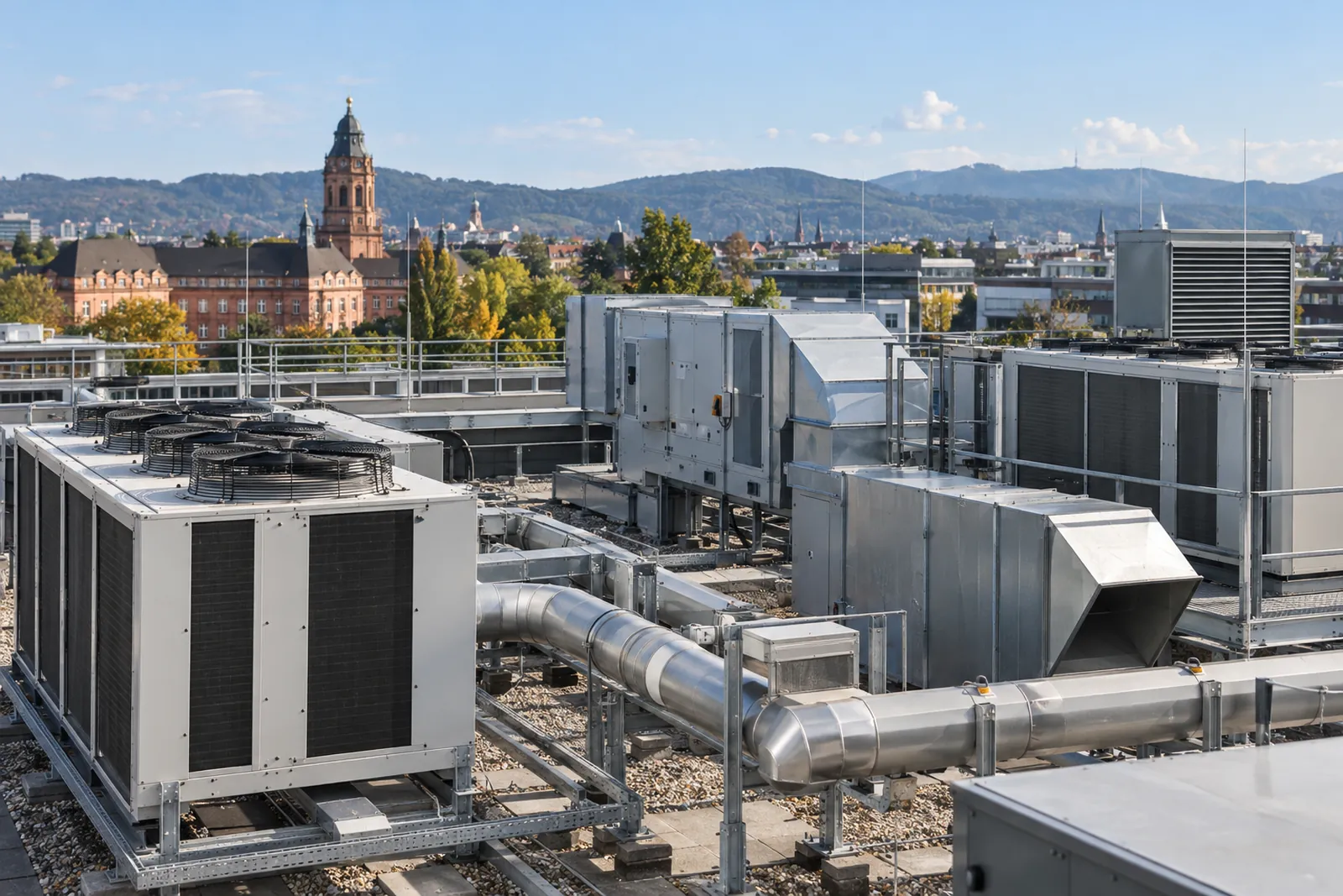 Dachfläche eines Bürogebäudes in Karlsruhe mit Klimageräten und Lüftungstechnik, im Hintergrund die Hügel des Schwarzwaldrands