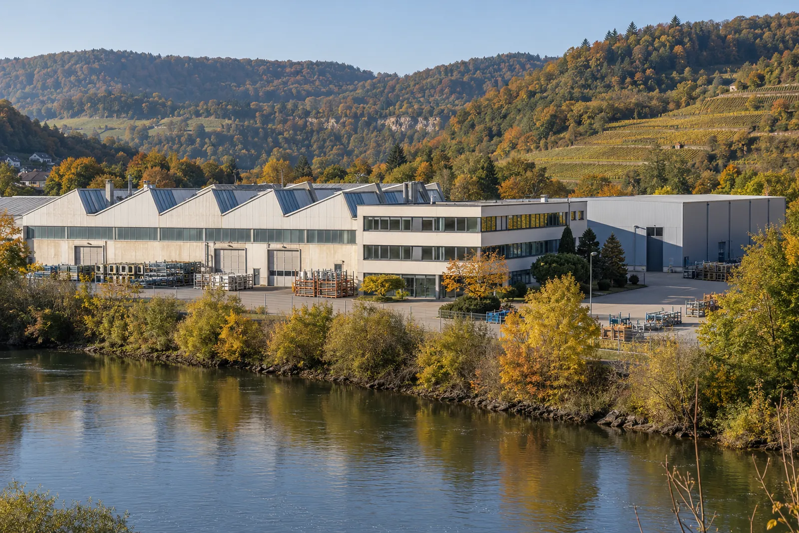 Produktionshalle mit Sheddach und dreigeschossigem Bürotrakt eines Maschinenbaubetriebs in einem Flusstal mit Weinbergen