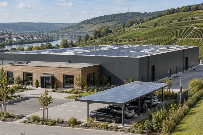 Gewerbehalle mit Solarmodulen auf dem Flachdach im Neckartal, dahinter Weinberghänge