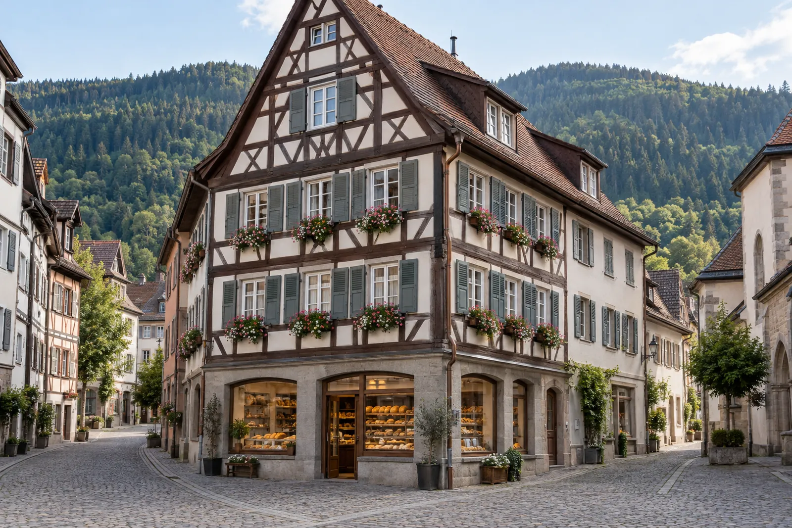 Eckhaus mit Ladenlokal im Erdgeschoss und Wohnungen in den Obergeschossen in einer baden-württembergischen Altstadt