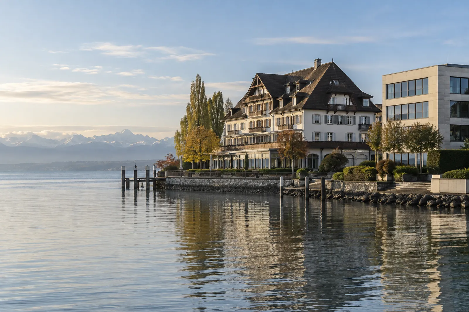 Hotel mit Satteldach am Bodensee, daneben ein schlichtes Bürogebäude, im Dunst die Alpen am gegenüberliegenden Ufer