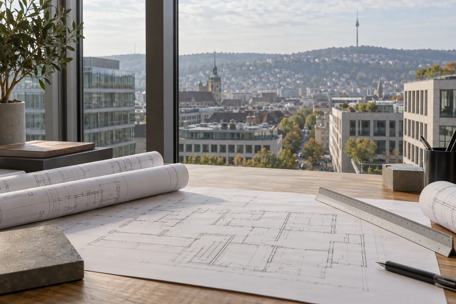 Schreibtisch mit Grundrissplänen und Maßstab vor einem Fenster mit Blick auf Stuttgarter Bürogebäude und den Fernsehturm
