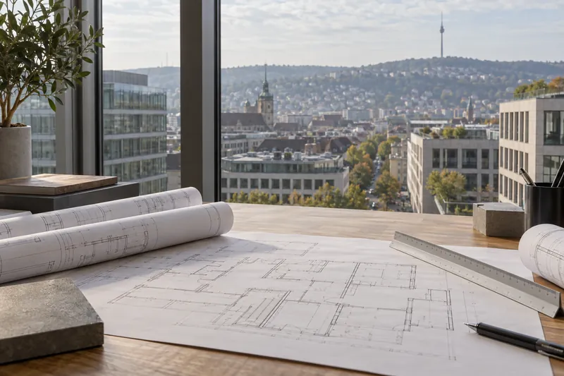 Schreibtisch mit Grundrissplänen und Maßstab vor einem Fenster mit Blick auf Stuttgarter Bürogebäude und den Fernsehturm