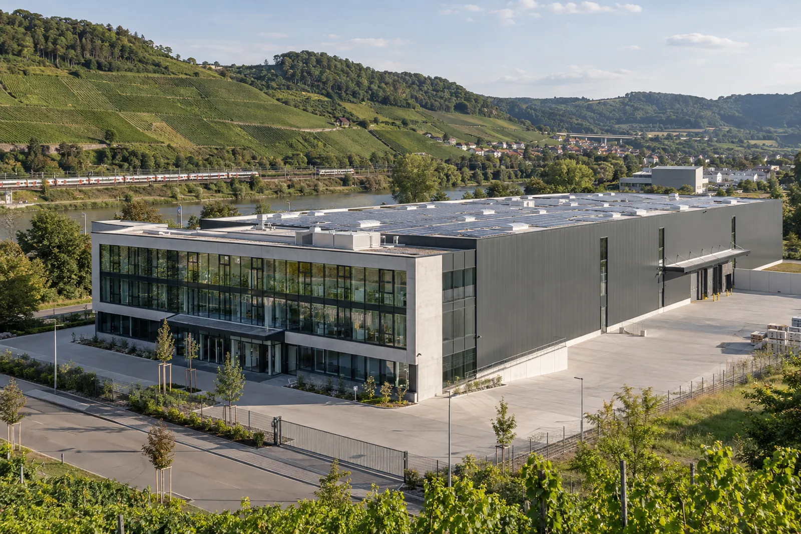 Neue Industriehalle mit verglastem Bürotrakt im Neckartal, Weinberge im Hintergrund, Solaranlage auf dem Flachdach