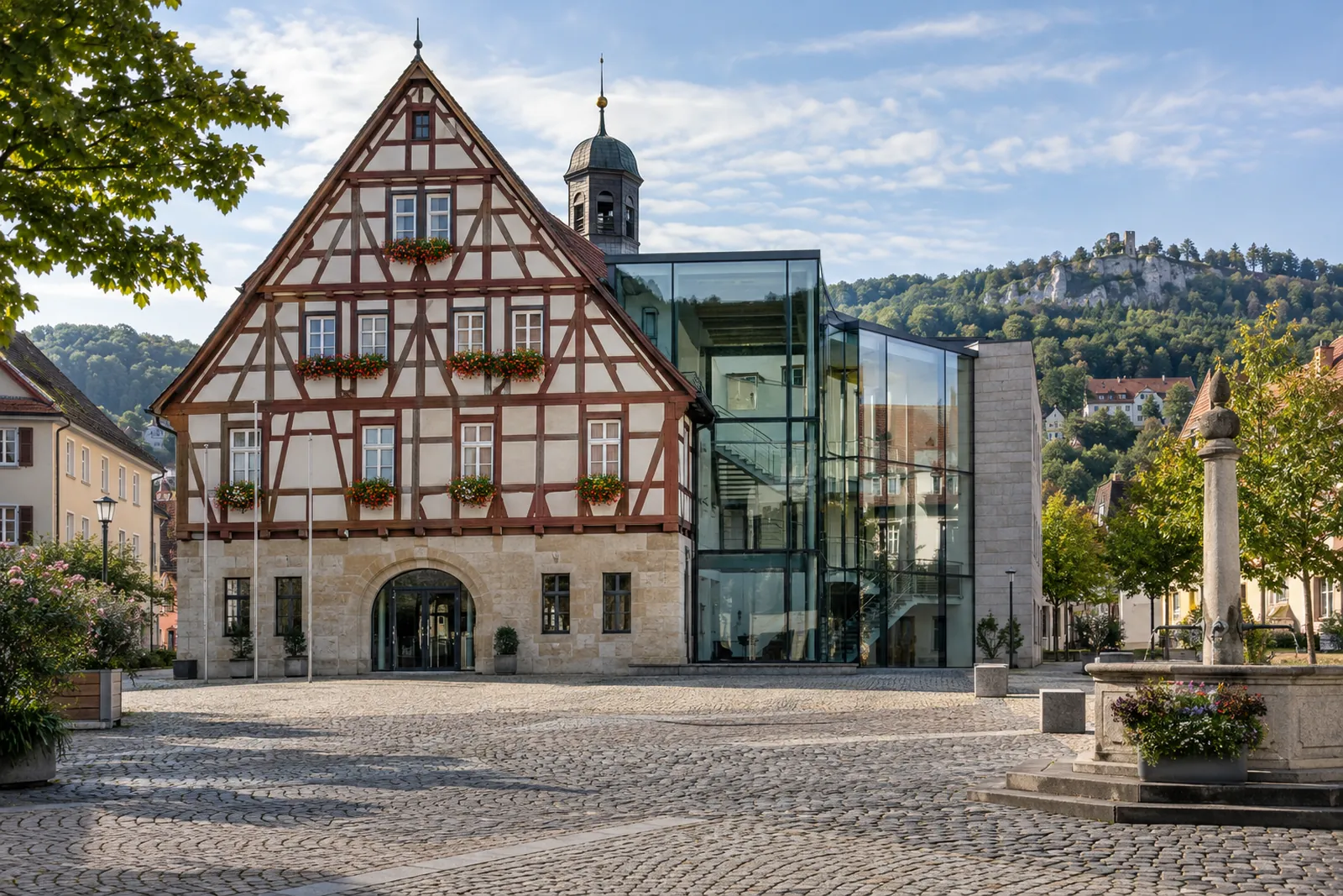 Historisches Rathaus mit Fachwerk und modernem Glasanbau an einem Marktplatz, im Hintergrund die Hügel der Schwäbischen Alb