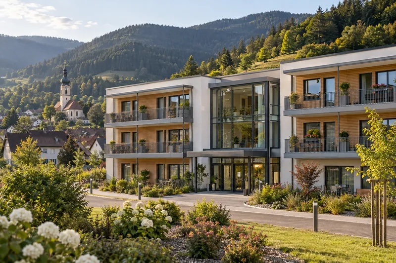 Dreigeschossiges Pflegeheim mit Balkonen und Glaseingang in einem Schwarzwaldtal mit Wald und Kirchturm