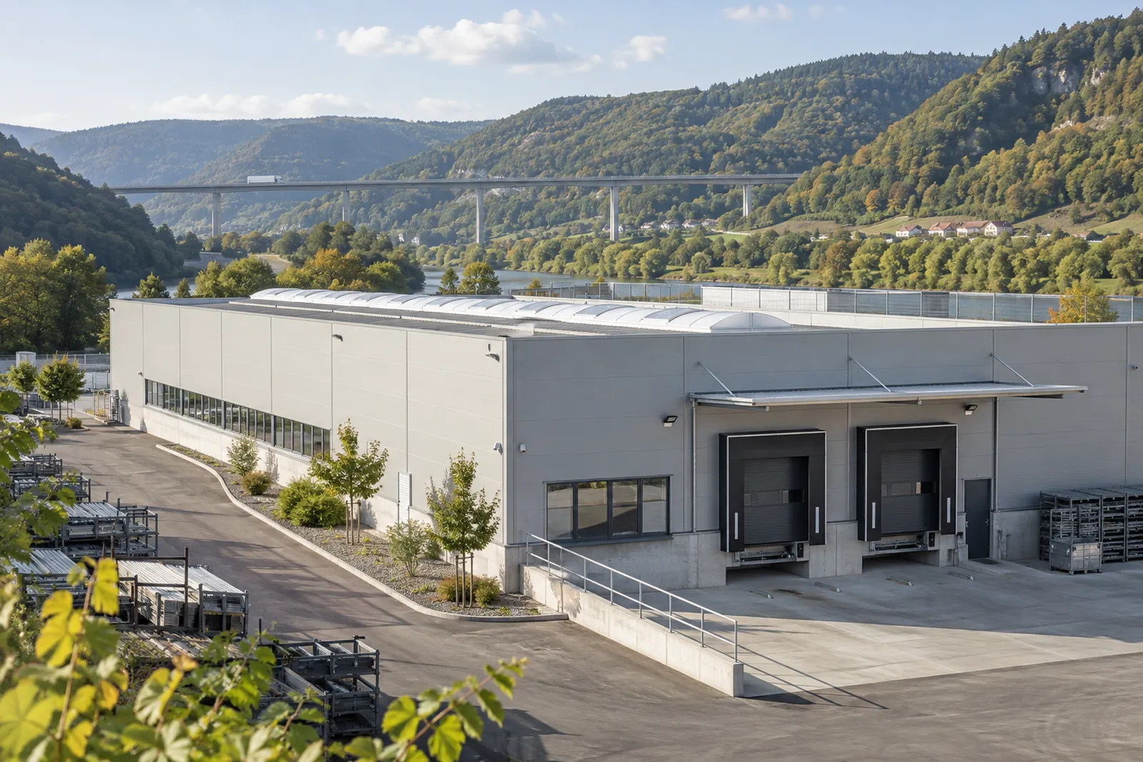 Produktionshalle eines Zulieferers mit Lichtband und Laderampe in einem Flusstal in Baden-Württemberg