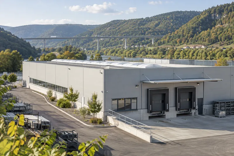 Produktionshalle eines Zulieferers mit Lichtband und Laderampe in einem Flusstal in Baden-Württemberg