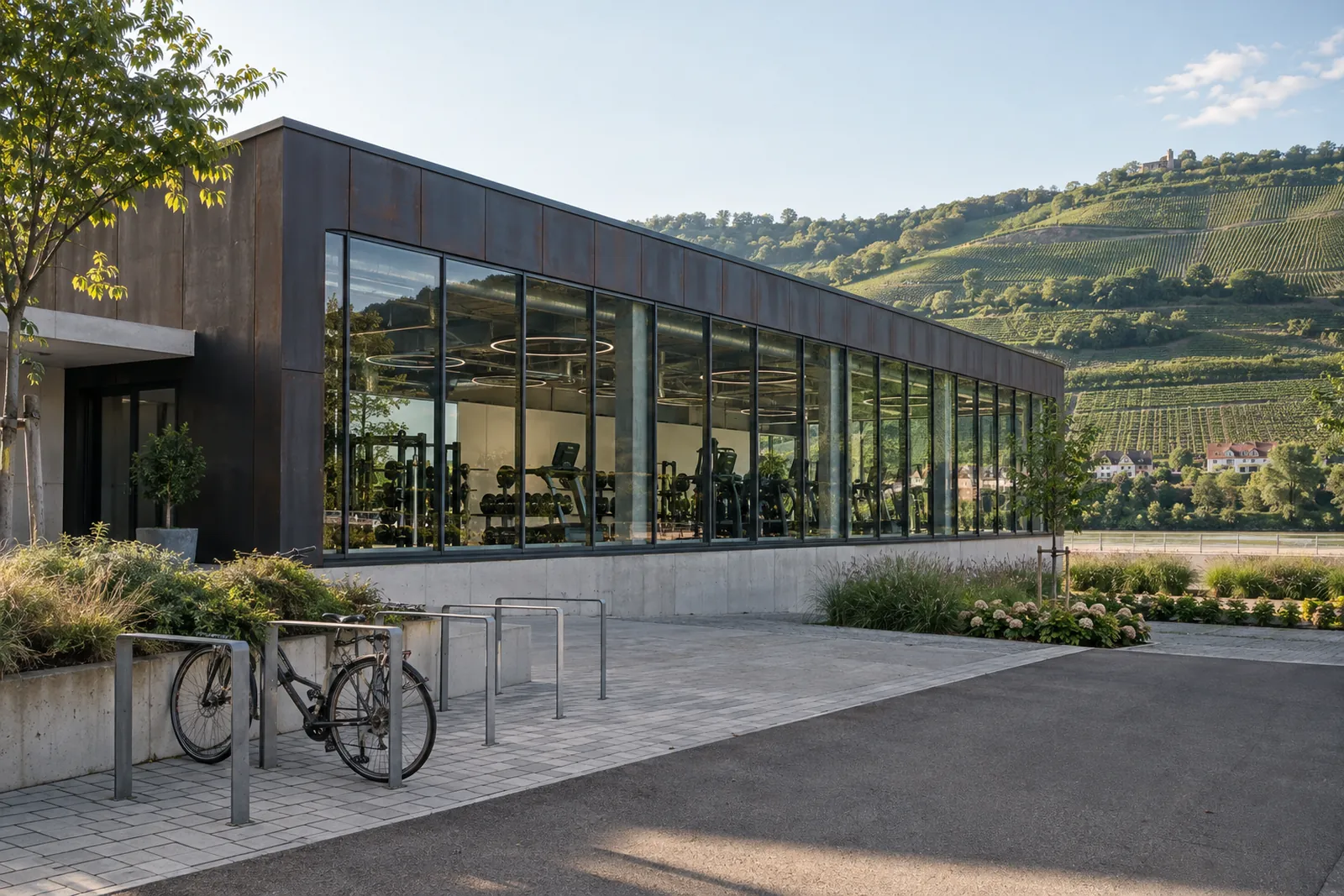 Fitnessstudio in einer umgebauten Produktionshalle mit Fensterband vor Weinbergen im Neckartal