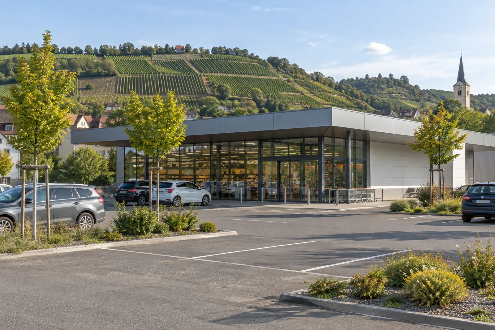 Moderner eingeschossiger Supermarkt mit Glasfront und Parkplatz am Ortsrand, dahinter Weinberge im Neckartal