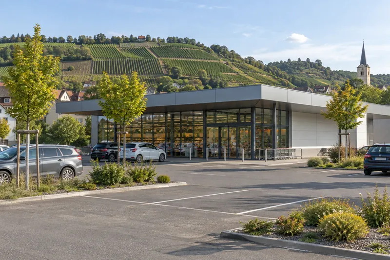 Moderner eingeschossiger Supermarkt mit Glasfront und Parkplatz am Ortsrand, dahinter Weinberge im Neckartal
