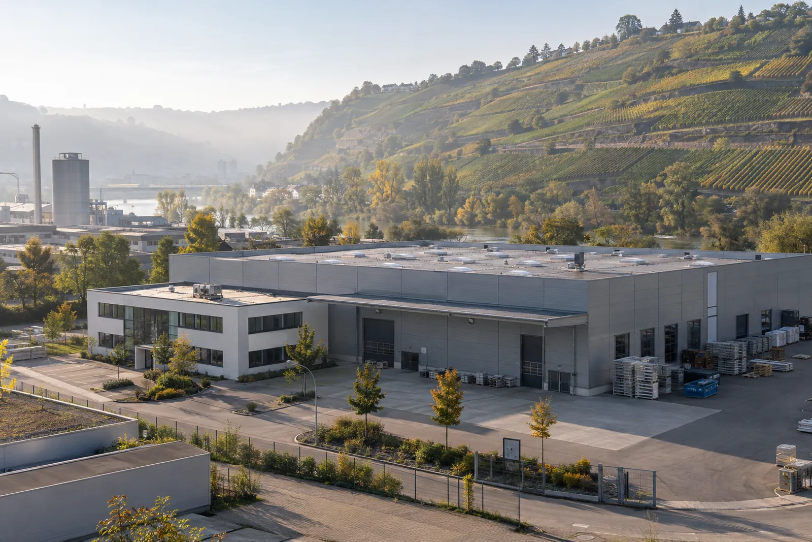 Gewerbehalle mit Büroanbau im Neckartal, dahinter Weinbergterrassen