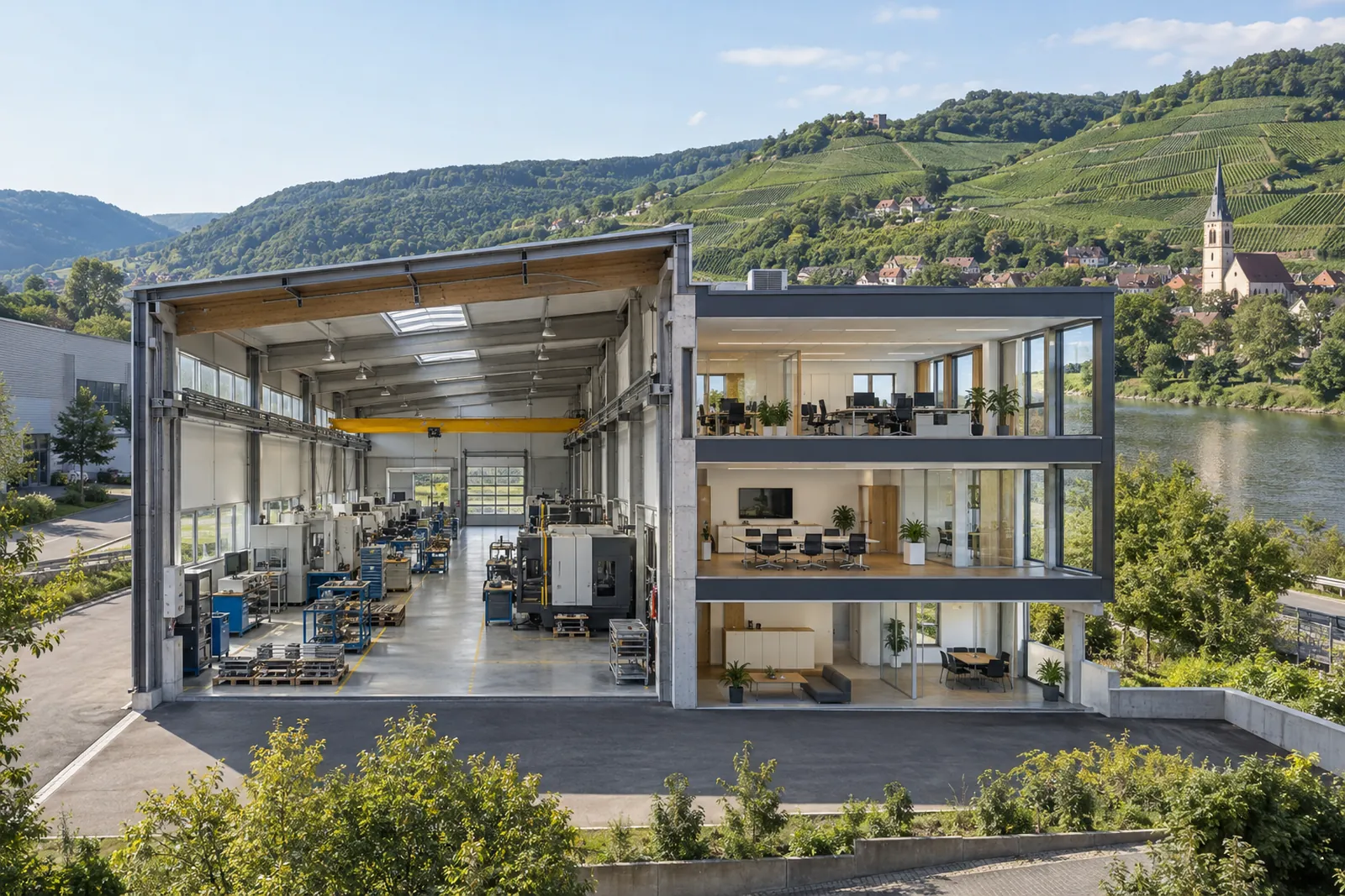 Gewerbebau im Neckartal mit Produktionshalle und Bürotrakt, im Hintergrund Weinberghänge und ein Kirchturm