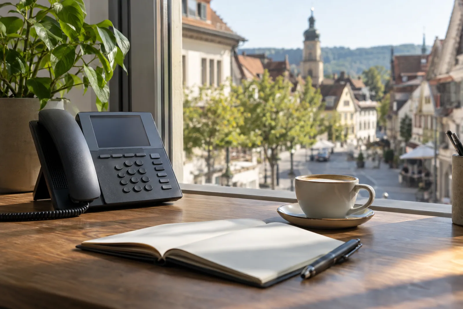 Schreibtisch mit Telefon und Notizbuch am Fenster