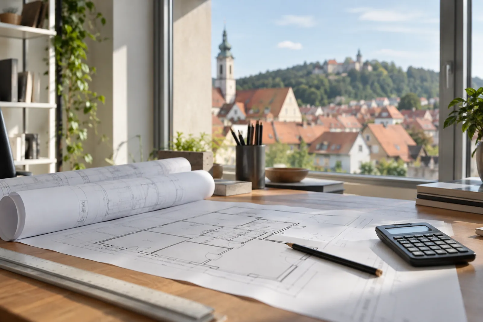 Baupläne, Grundriss und Taschenrechner auf einem Schreibtisch