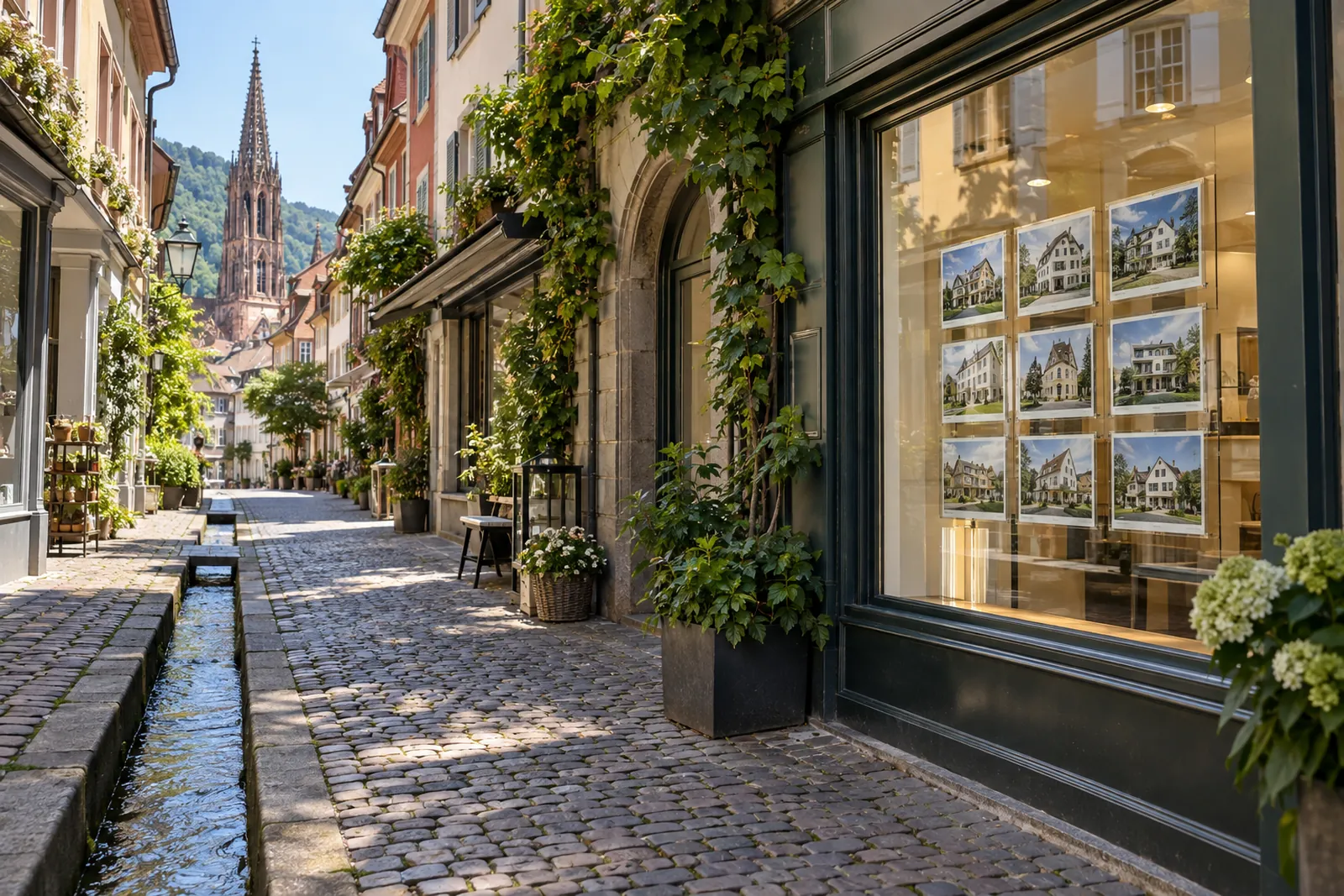 Altstadtgasse mit Bächle und Geschäften