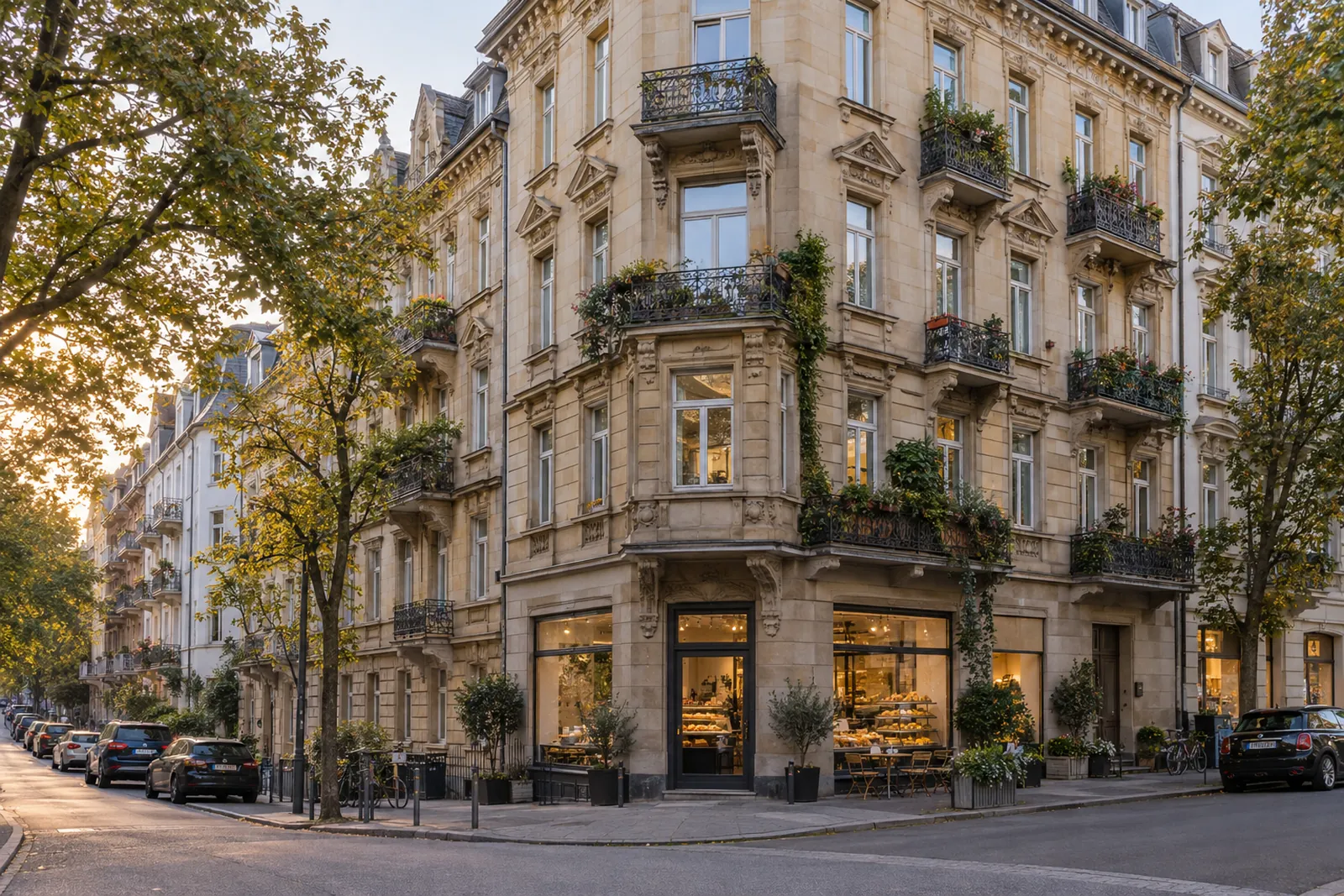 Gründerzeit-Eckhaus mit Café im Erdgeschoss und Wohnungen darüber