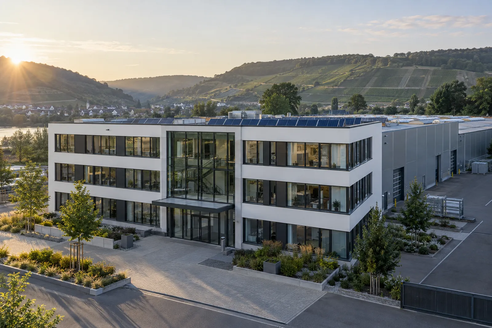 Büro- und Produktionsgebäude eines Maschinenbauers im Neckartal mit Weinbergen