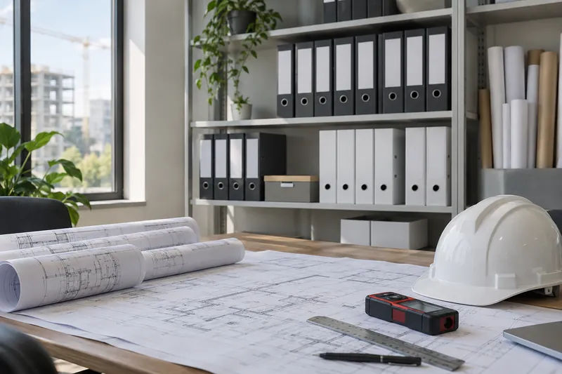 Regal mit Ordnern und Bauplänen in einem Technikbüro