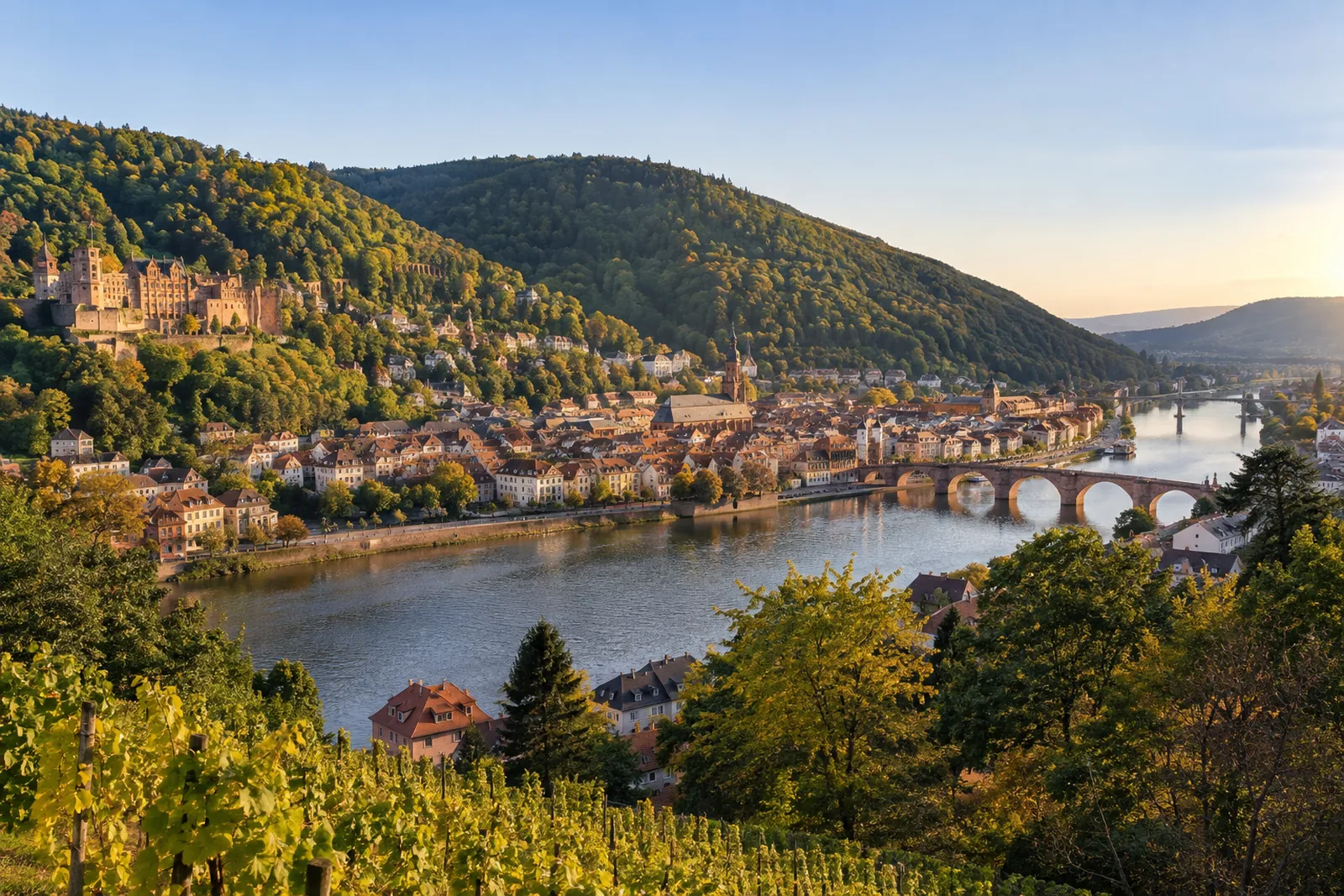 Neckartal mit Altstadt, Sandsteinbrücke und Weinbergen