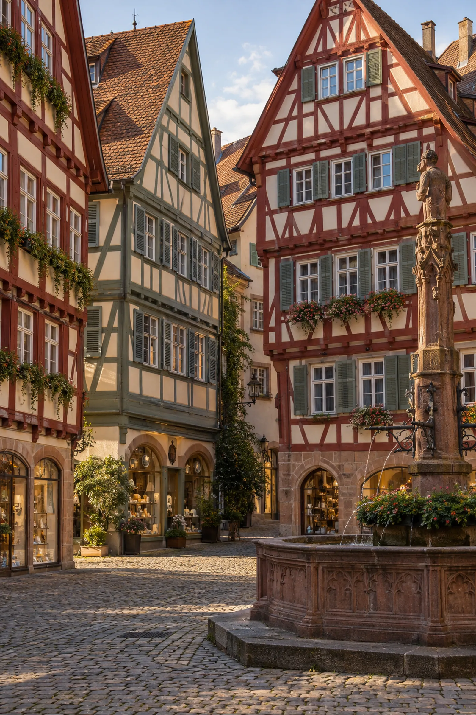 Fachwerk-Geschäftshäuser mit Läden am Marktplatz einer württembergischen Altstadt