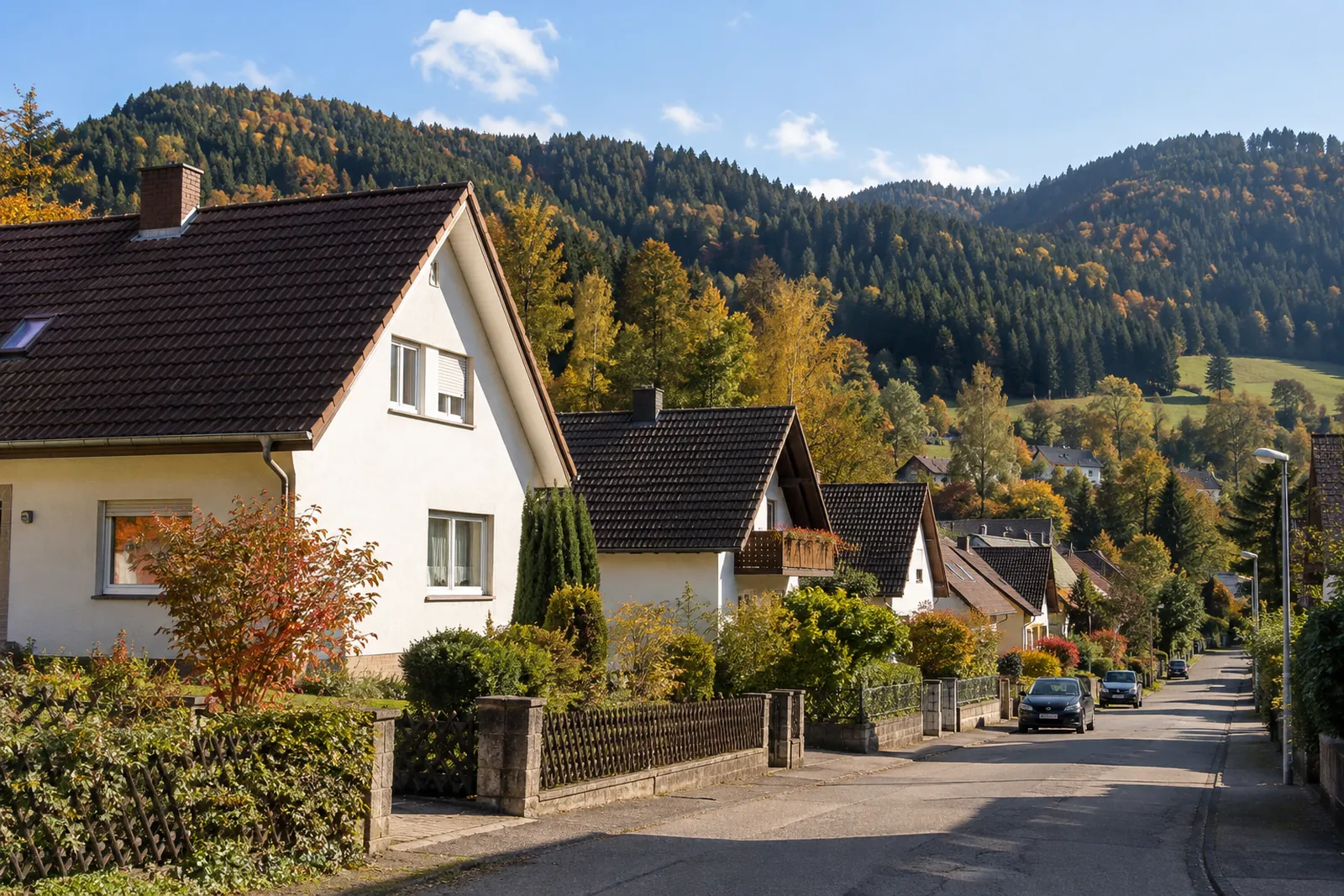 Einfamilienhäuser aus den 1970er Jahren am Rand des Schwarzwalds