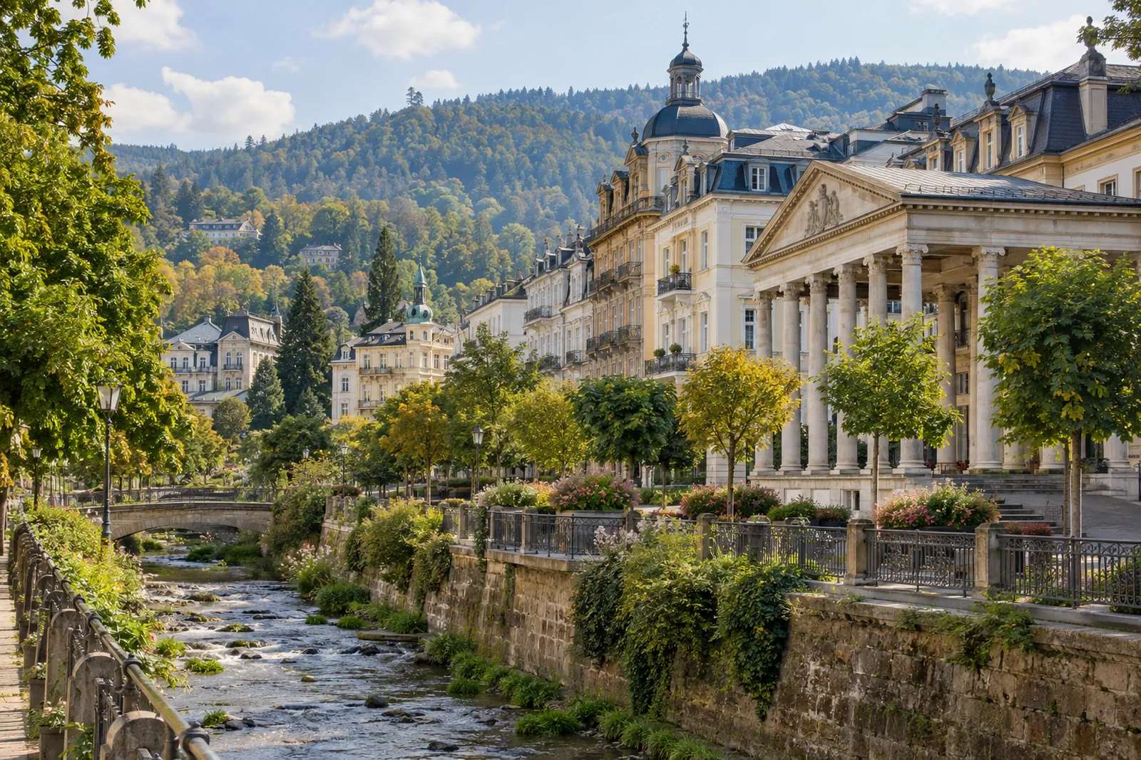 Historische Hotels und Geschäftshäuser mit reich gegliederten Fassaden an einer Allee in Baden-Baden, dahinter bewaldete Hügel