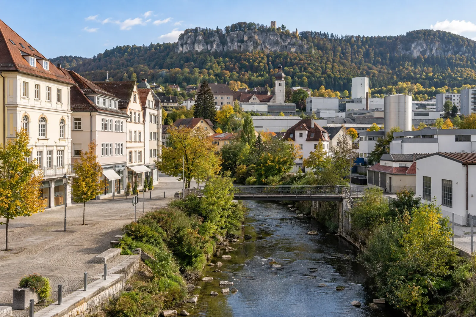 Geschäftshäuser und Gewerbebauten in Balingen vor dem Albtrauf der Schwäbischen Alb