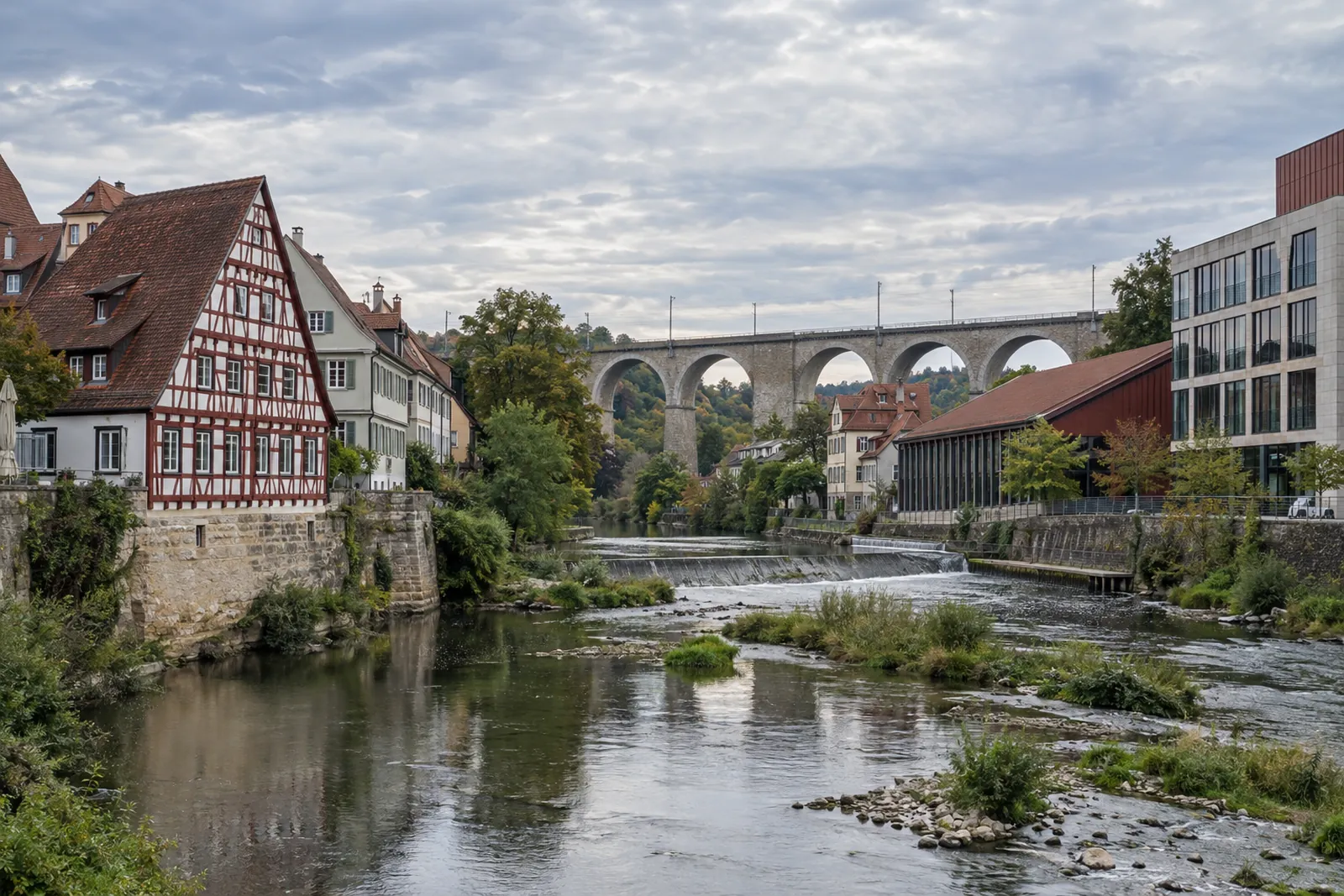 Gewerbe- und Geschäftsgebäude an der Enz in Bietigheim mit Fachwerkhäusern der Altstadt und dem Enzviadukt im Hintergrund