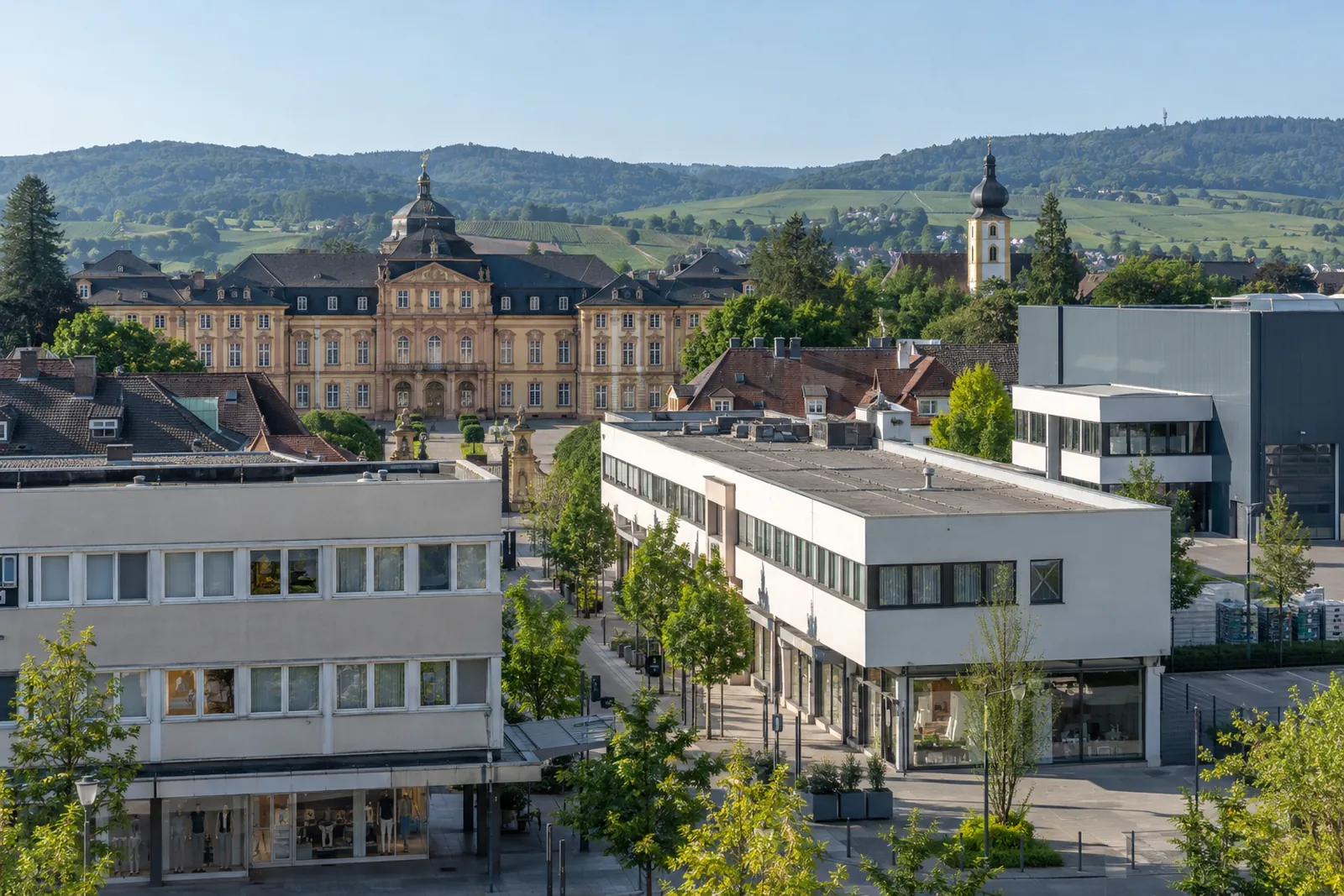 Nachkriegs-Geschäftshäuser und Gewerbehalle vor dem Barockschloss Bruchsal im Kraichgau