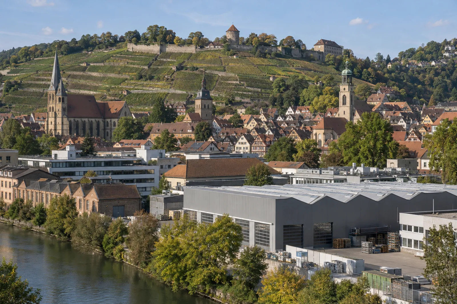 Gewerbebauten im Neckartal bei Esslingen mit der Altstadt und Weinbergen im Hintergrund